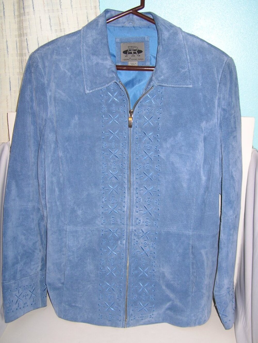 Womens Lined Baby Blue Leather Suede Jacket Large Zippered Pockets AR Bernado 66